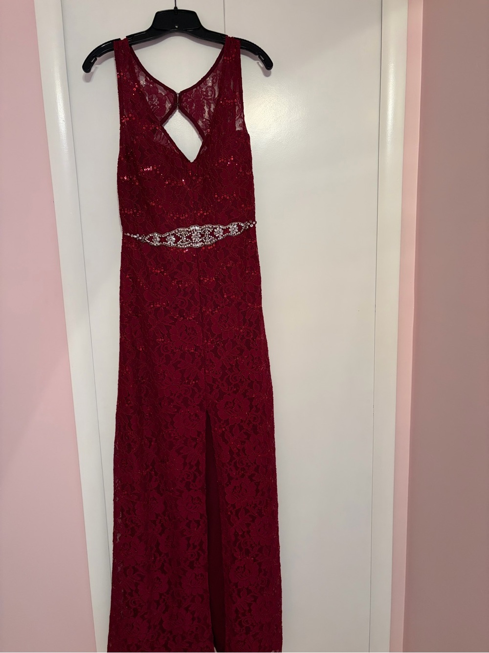 My Michelle Wine Red Lace Prom Dress with Crystal Waist